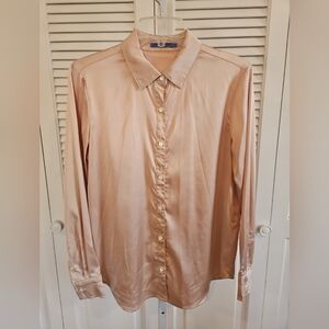J. McLaughlin Satin Cream Tan L/S Button Down Blouse Collared Size XS Work Wear